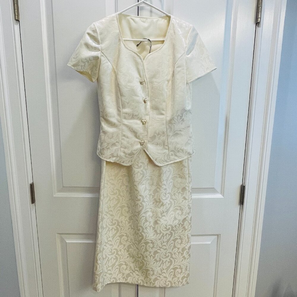 VGUC 2-Pc Skirt & Top Formal Dress, Maxi Skirt, Ivory Damask, Custom-Made, Sz 4P